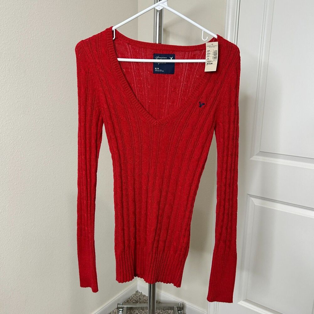 American Eagle Sweater Womens Medium Vintage Y2K Red Cable Knit Preppy Academia